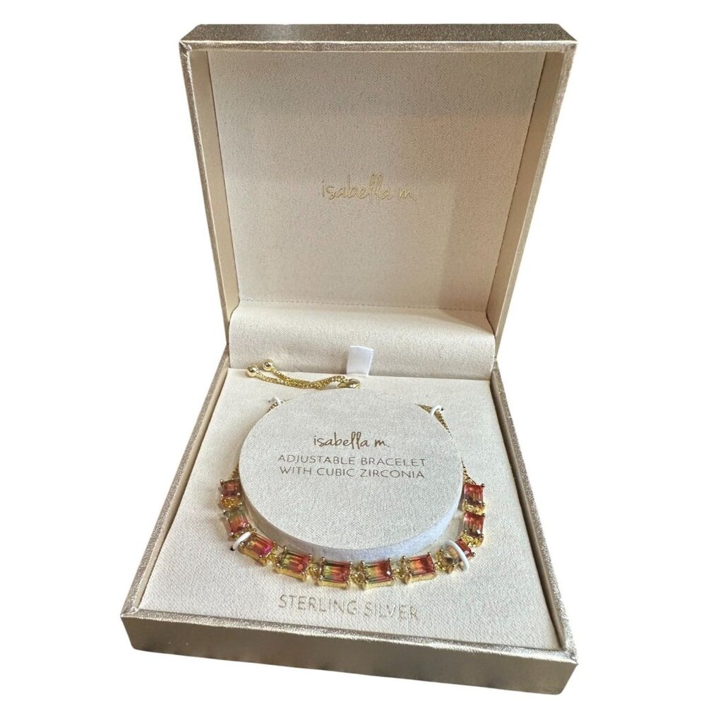 NEW Isabella M Watermelon CZ Gold /Sterling Adjustable Style Tennis Bracelet